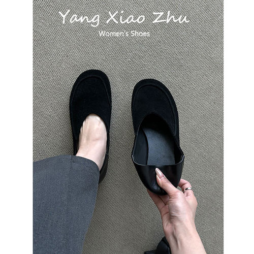 羊皮版复古风黑色绒面拼接乐福鞋