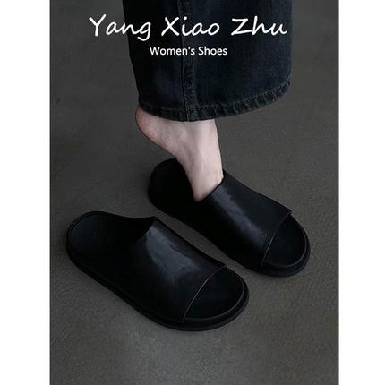 牛皮版~复古简约厚底一字拖女夏外穿平底日常度假风不累脚凉拖鞋