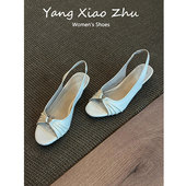 一字带气质露趾圆头凉鞋 羊皮 女夏外穿2025新款 后绊带高跟鞋 法式