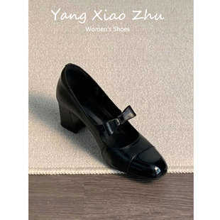 羊皮版 女法式 复古风拼接粗跟浅口单鞋 小香风气质蝴蝶结玛丽珍鞋