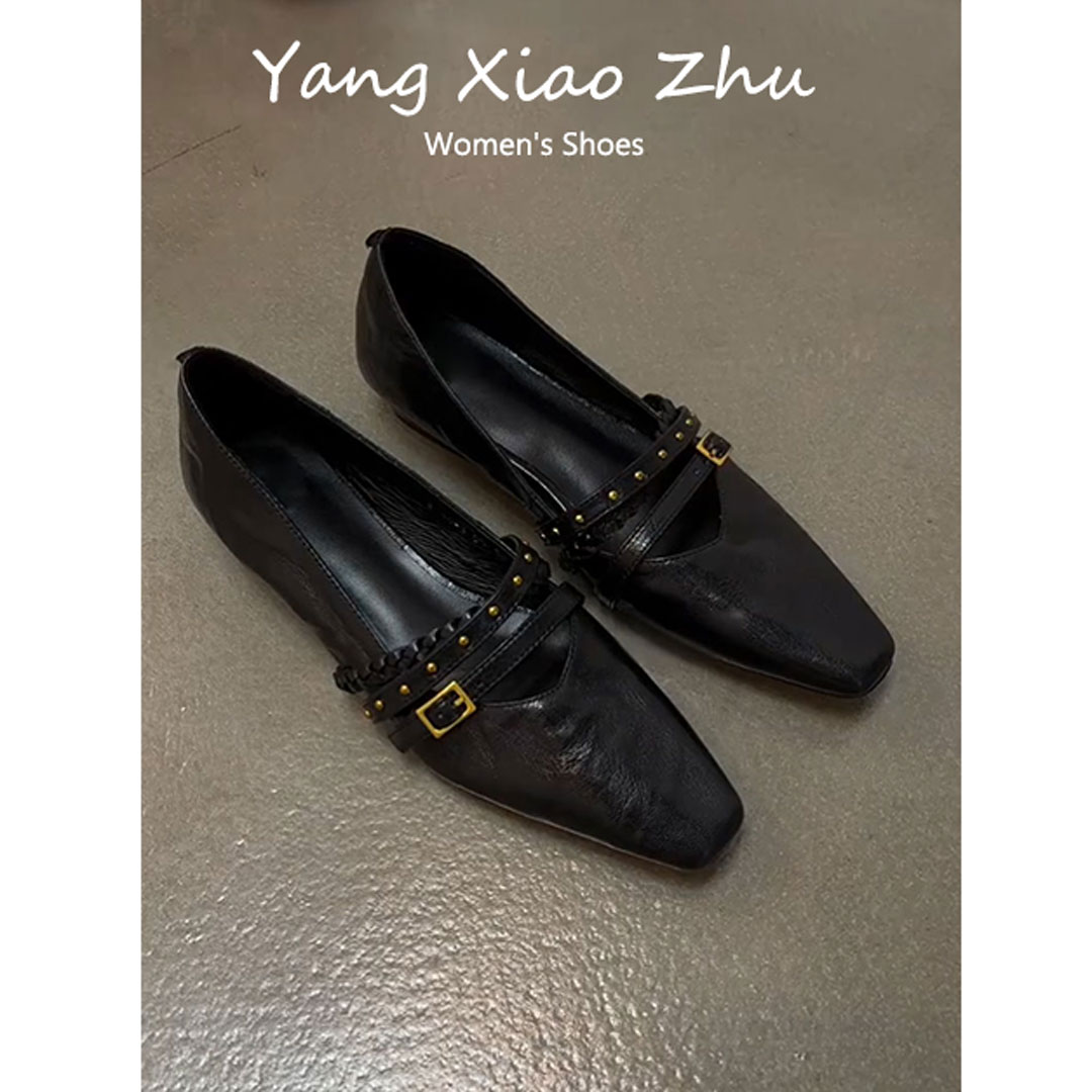 牛皮版~法式设计感铆钉玛丽珍鞋