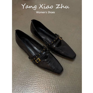 牛皮版~法式风设计感铆钉玛丽珍鞋女小方头通勤百搭粗跟浅口单鞋