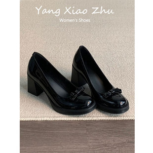 女一脚蹬粗跟百搭通勤玛丽珍鞋 复古风蝴蝶结漆皮浅口单鞋 牛皮版