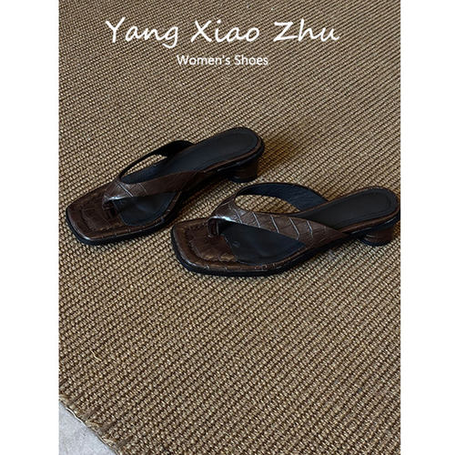 羊皮版~法式复古方头粗跟人字拖