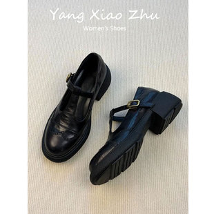 羊皮版~英伦风复古T字带乐福鞋女圆头厚底玛丽珍鞋通勤百搭小皮鞋