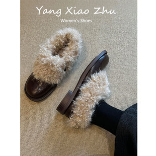 牛皮版~复古圆头粗跟加绒保暖毛毛鞋女百搭一脚蹬玛丽珍小皮鞋