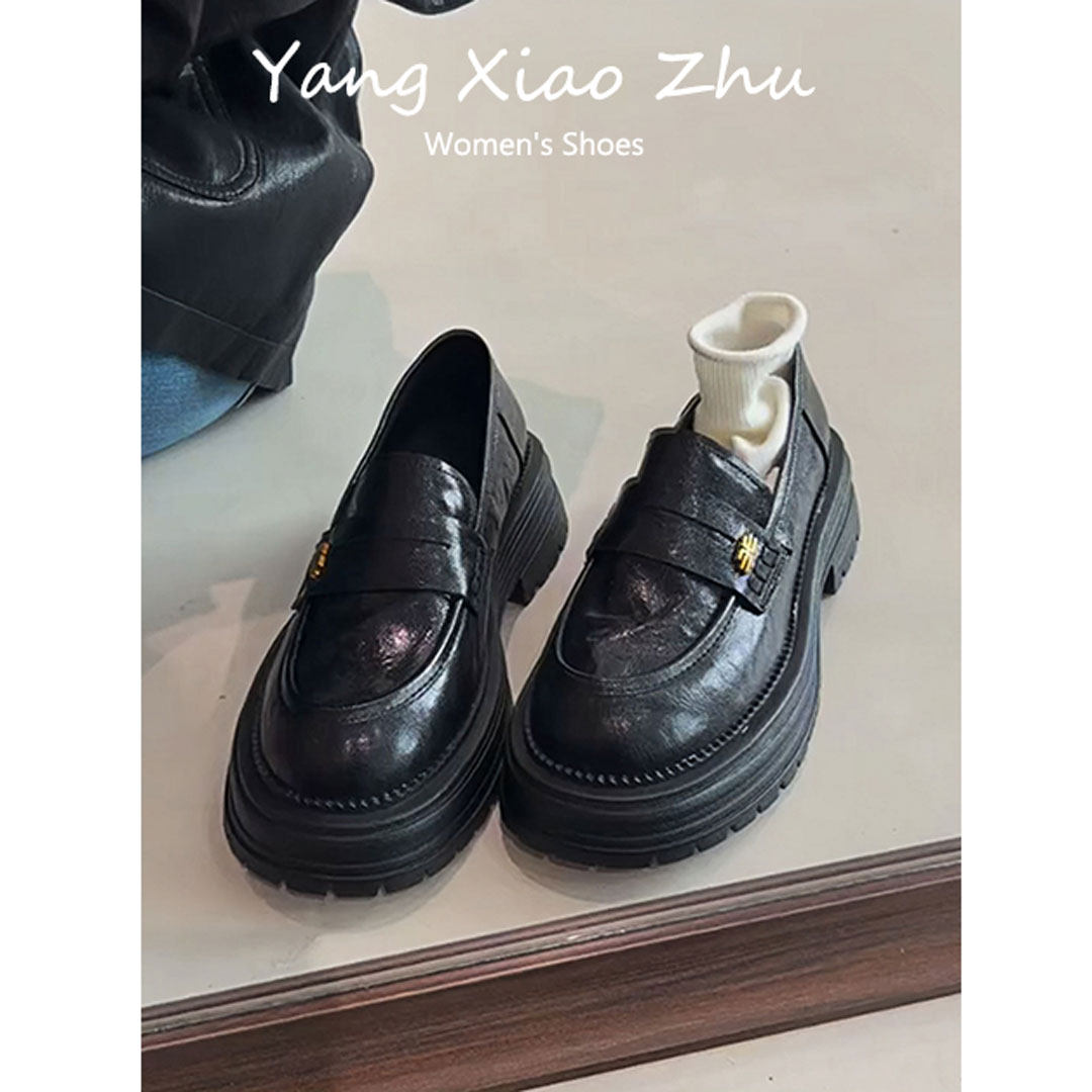 牛皮版~英伦风厚底粗跟乐福单鞋女2025新款通勤百搭一脚蹬小皮鞋