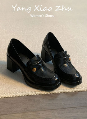 羊皮版~英伦风山茶花小皮鞋女2025新款黑色复古粗跟高跟乐福单鞋