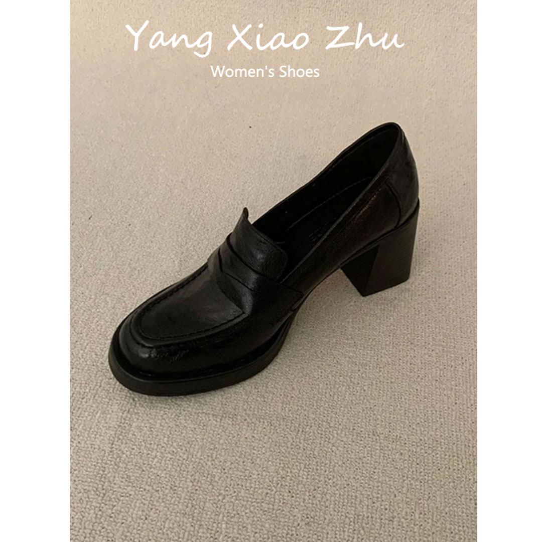 牛皮版~法式复古乐福鞋女2026新款软底不累脚黑色高跟小皮鞋单鞋