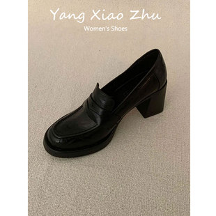 单鞋 牛皮版 软底不累脚黑色高跟小皮鞋 女2026新款 法式 复古乐福鞋