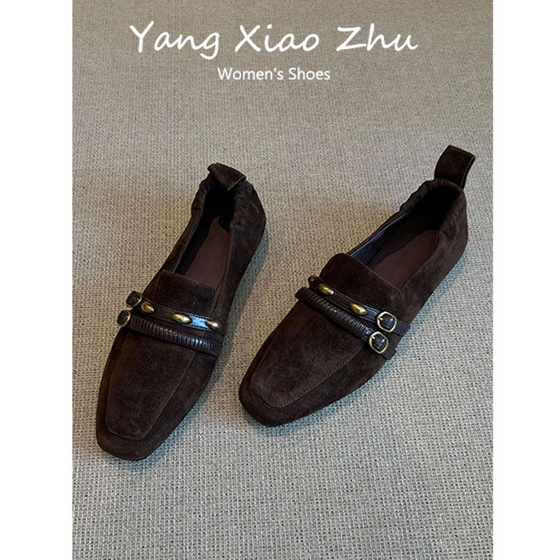 羊皮~复古一脚蹬平底乐福鞋女