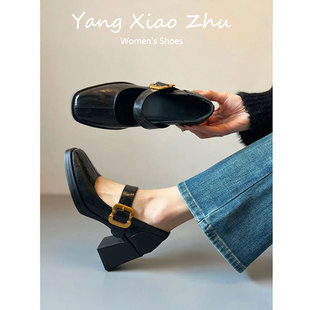 羊皮版~复古风简约方头玛丽珍鞋女法式高跟鞋一字带粗跟浅口单鞋