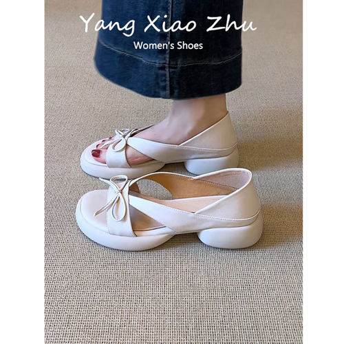 羊皮版温柔风蝴蝶结厚底包跟凉鞋