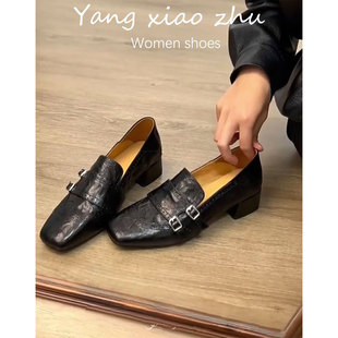 牛皮版~法式英伦风方头乐福鞋女黑色低跟粗跟复古小皮鞋春款单鞋