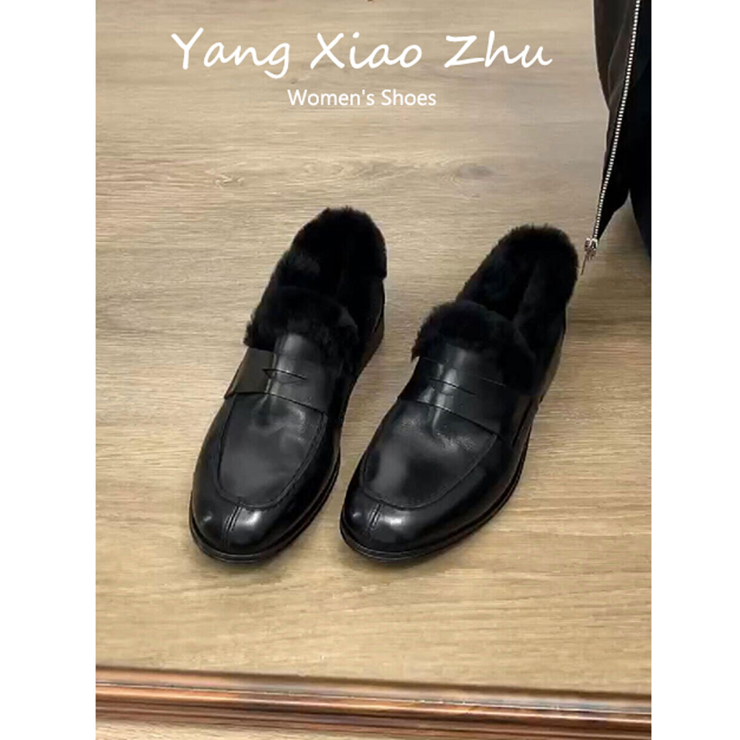牛皮版~英伦风加绒保暖乐福鞋女