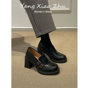 羊皮版~英伦风圆头高跟乐福单鞋女百搭通勤粗跟复古一脚蹬小皮鞋