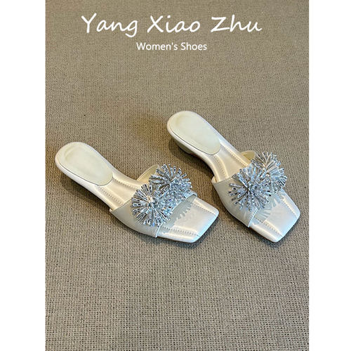 羊皮版~法式水钻烟花方头凉拖鞋