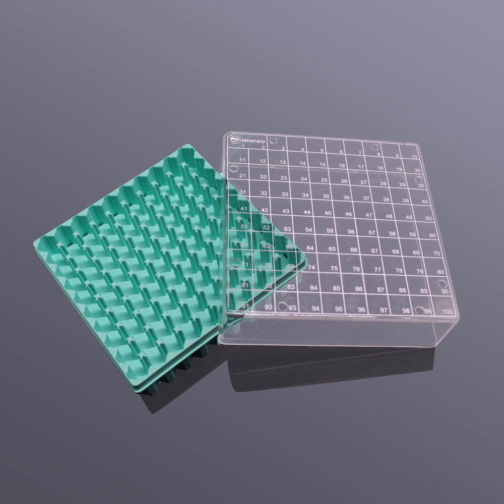 T142-3-100孔 2ml塑料冻存盒PC淡绿色(PC盖,透明)
