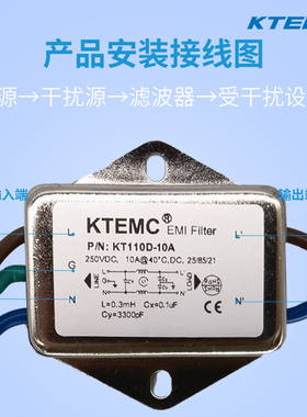 KTEMC KT110D-3A EMI/EMC单相单节直流电源滤波器12V/24V/36V/48V