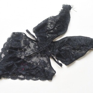 lasenza性感黑色流苏连体衣蕾丝纯欲吊带显瘦紧身内衣女士透视睡