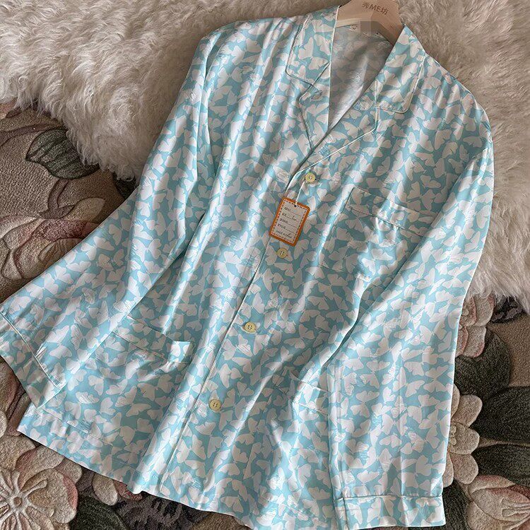 睡衣素绉缎男奢华桑蚕丝印花春夏真丝长袖高级情侣家居服套装女