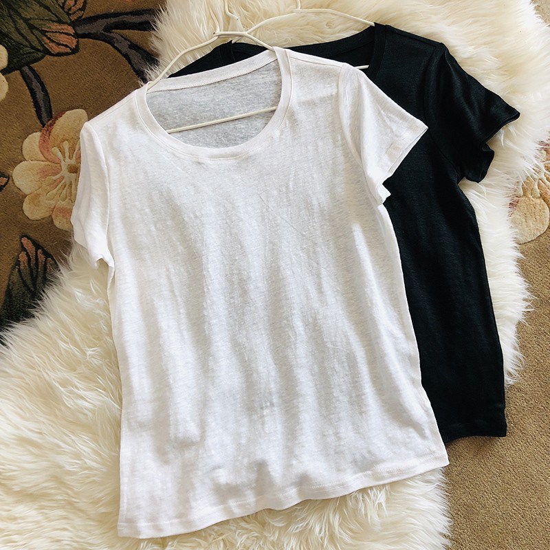 亚麻短袖t恤显瘦打底衫白色夏装