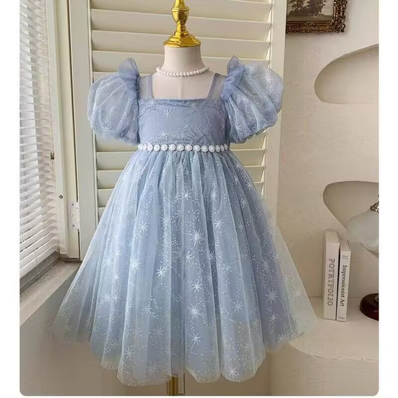 女童短袖蓬蓬裙仙女连衣裙2025夏季新款儿童女宝宝雪花公主网纱裙
