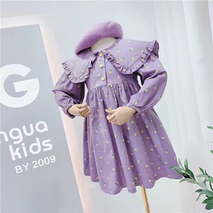 女童春秋装韩版时尚舒适娃娃领连衣裙2026碎花棉麻宝宝时尚公主裙