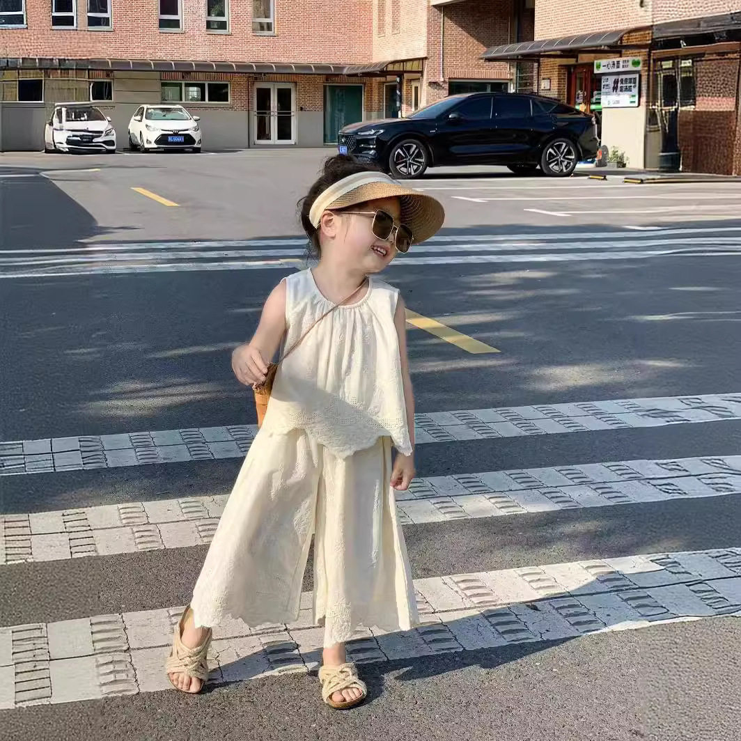 女童韩版休闲套装2024夏季新款女宝宝蕾丝无袖背心阔腿裤两件套潮