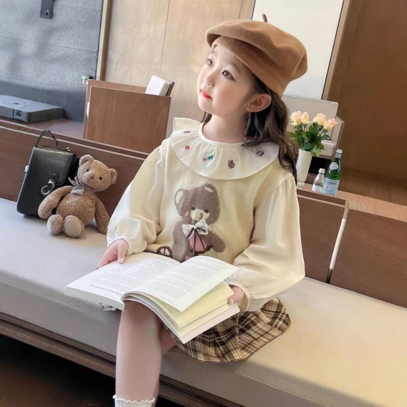 女童印花衬衫毛衣背心三件套2024春秋季新款韩版女宝宝半身裙套装