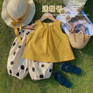 女宝宝纯棉休闲洋气套装2024夏款女童无袖上衣+休闲波点裤三件套