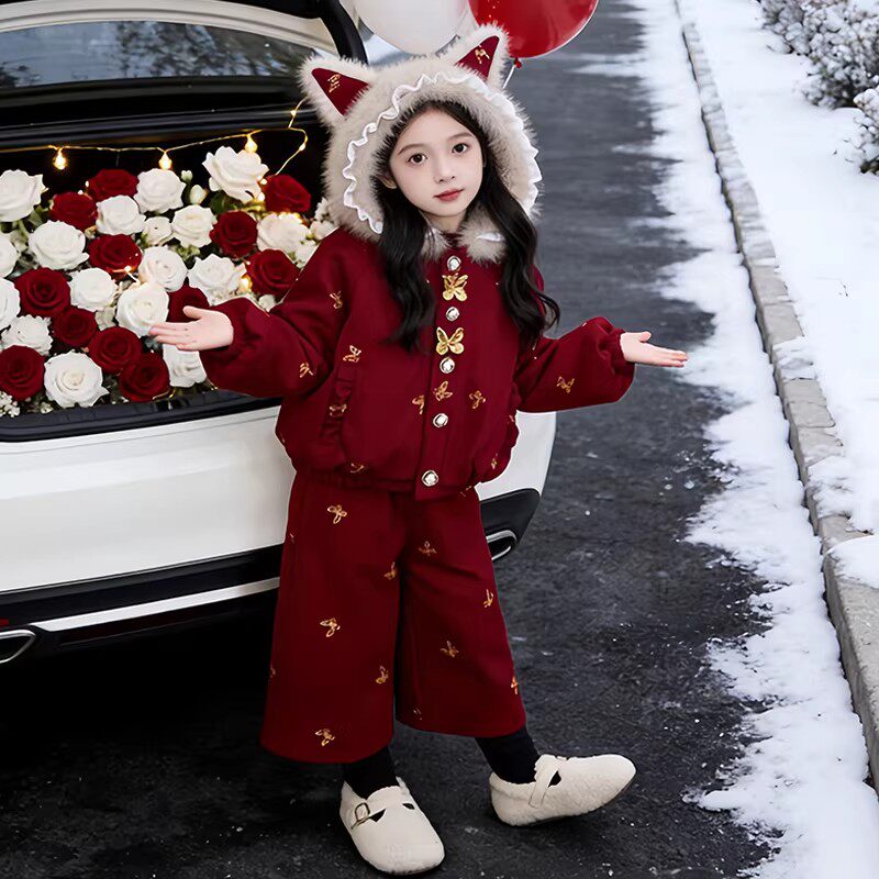 女童保暖拜年装套装2025冬季儿童呢子年服加绒外套长裤两件套宝宝