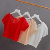 T恤女2020夏装 新款 半截打底衫 短袖 网纱圆领透视短款 内搭蕾丝上衣