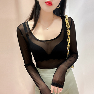 黑色长袖内搭薄纱衣性感蕾丝上衣大领口网纱打底衫女新款透明低领