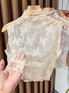 灰色蕾丝假领子女百搭秋冬内搭木耳边高领网纱打底衫无袖背心纱衣