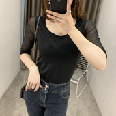 大码 短袖 紧身打底衫 网纱中袖 女内搭夏装 2020新款 黑色t恤半袖 上衣