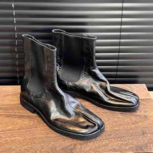 水洗马皮黑色分趾短靴女平底马丁靴切尔西靴瘦瘦靴酷帅裸靴女