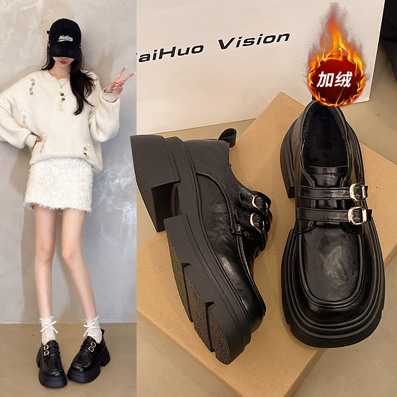 厚底小皮鞋女秋冬加绒2025年新款加棉乐福鞋通勤工作鞋增高jk棉鞋
