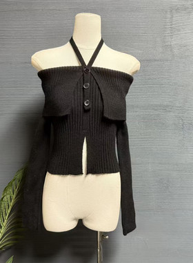 镜服饰2025秋一字肩挂脖针织衫女短款修身显瘦辣妹毛衣10607