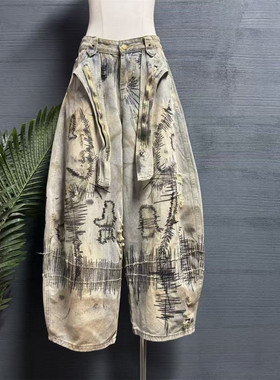 镜服饰2025秋美式高街风做旧刺绣牛仔裤女宽松阔腿长裤20081