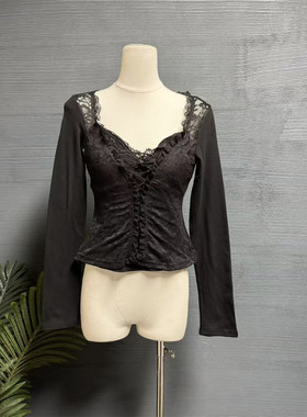 镜服饰2025性感蕾丝拼接系带收腰长袖打底衫女束腰上衣10676