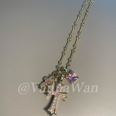 VanWan 复仇甜心～k罗心！粉钻双十字架多吊坠时髦项链复古26新