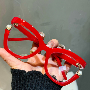 欧美大框复古猫眼老花眼镜女士时尚 高清红色防蓝光珍珠洋气老光