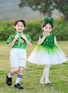 儿童环保时装秀服装男童小树演出服小草春晓合唱团朗诵绿色短袖裙