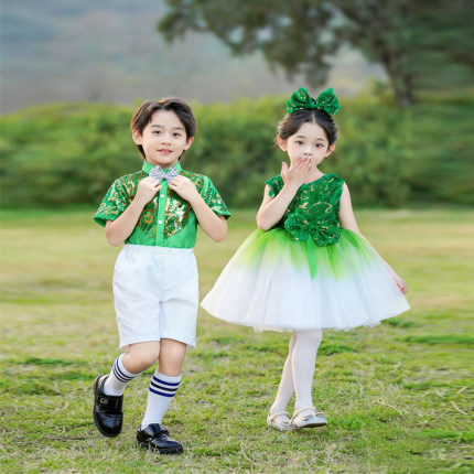 儿童环保时装秀服装男童小树演出服小草春晓合唱团朗诵绿色短袖裙