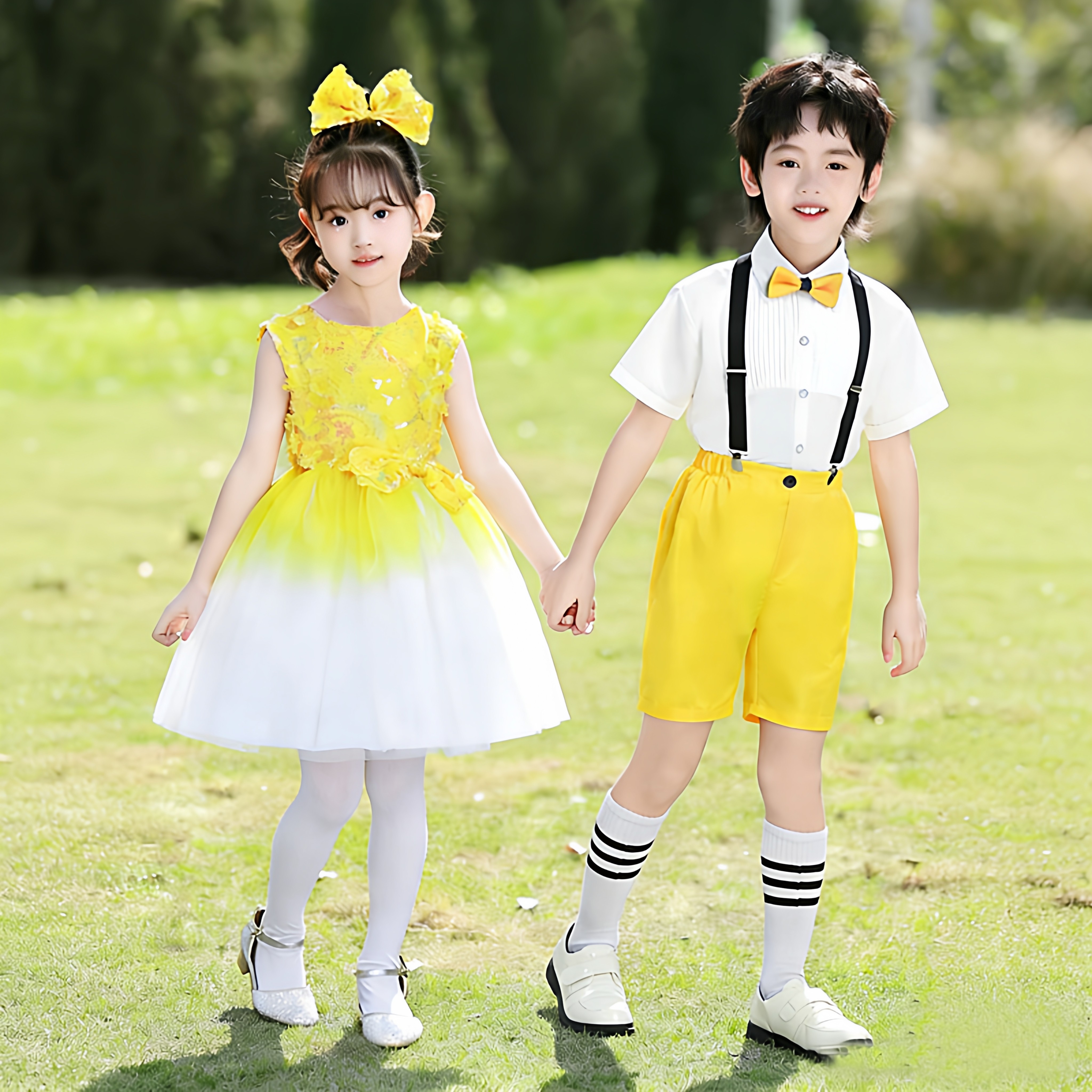 六一女童公主裙演出服快乐的小星星黄色蓬蓬纱裙幼儿园舞蹈表演服