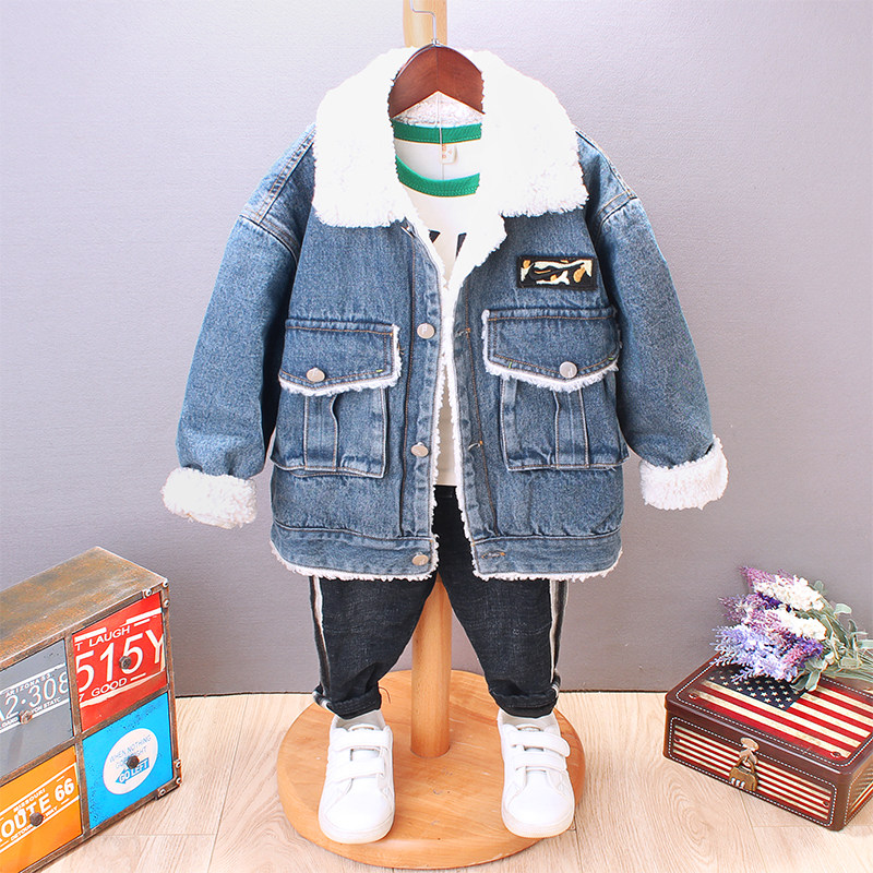 加厚潮儿童牛仔外套短款潮翻领夹克男童夹棉洋气秋冬装韩版新款