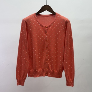 100纯棉春秋款女装圆领简约休闲风上衣波点长袖单排扣外搭小开衫