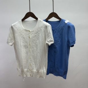 100纯棉尾货夏季女装纯色简约休闲风圆领单排扣短袖外搭小开衫