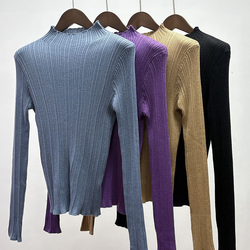 精纺超细绵羊毛秋冬款女装软糯半高领保暖打底毛衣坑条高弹力套头